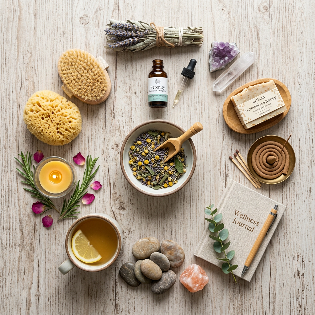 Natural wellness items including herbal tea, essential oil, soap, candle, journal, and stones on wood